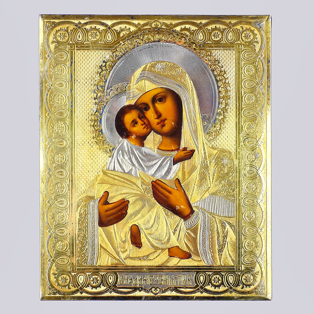 Икона «Владимирская Пресвятая Богородица» в серебряном окладе и в дубовом киоте