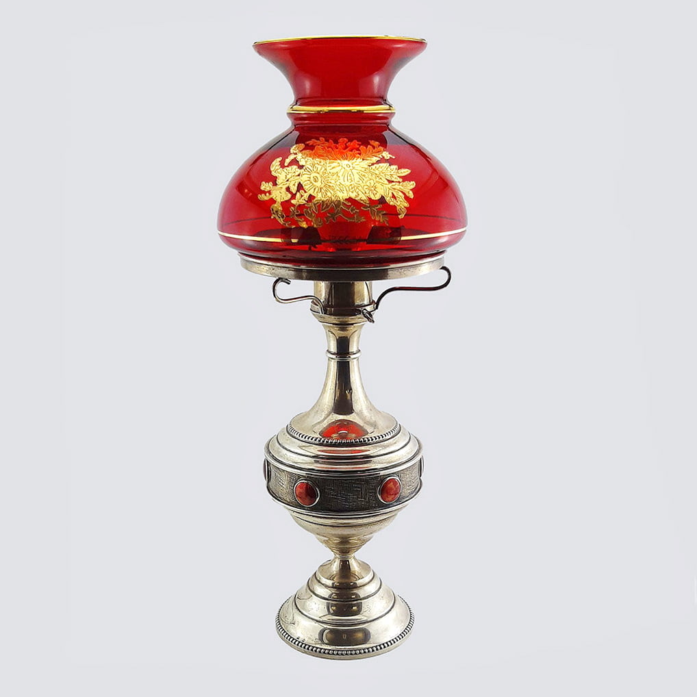 Настольная серебряная лампа с рубиновым абажуром 20 века