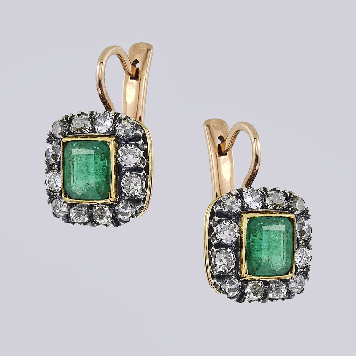 Серьги золотые с натуральными изумрудами и бриллиантами старой огранки