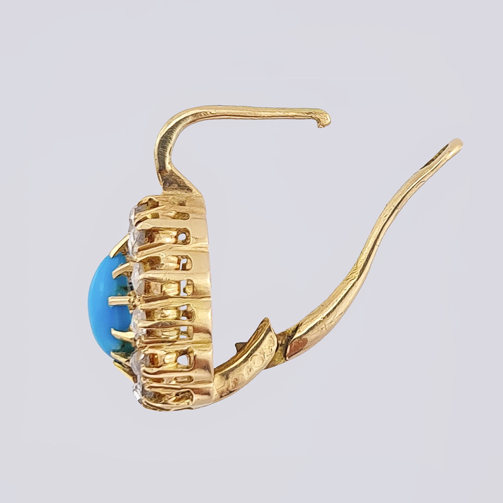 Золотые серьги в форме малина с натуральной бирюзой и алмазами огранки «роза» (Немиров-Колодкин)