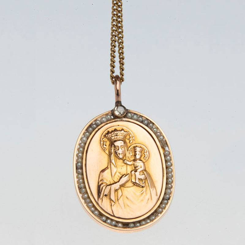 Подвеска «Пресвятая Богородица» с жемчугом из золота 56 пробы 19 века