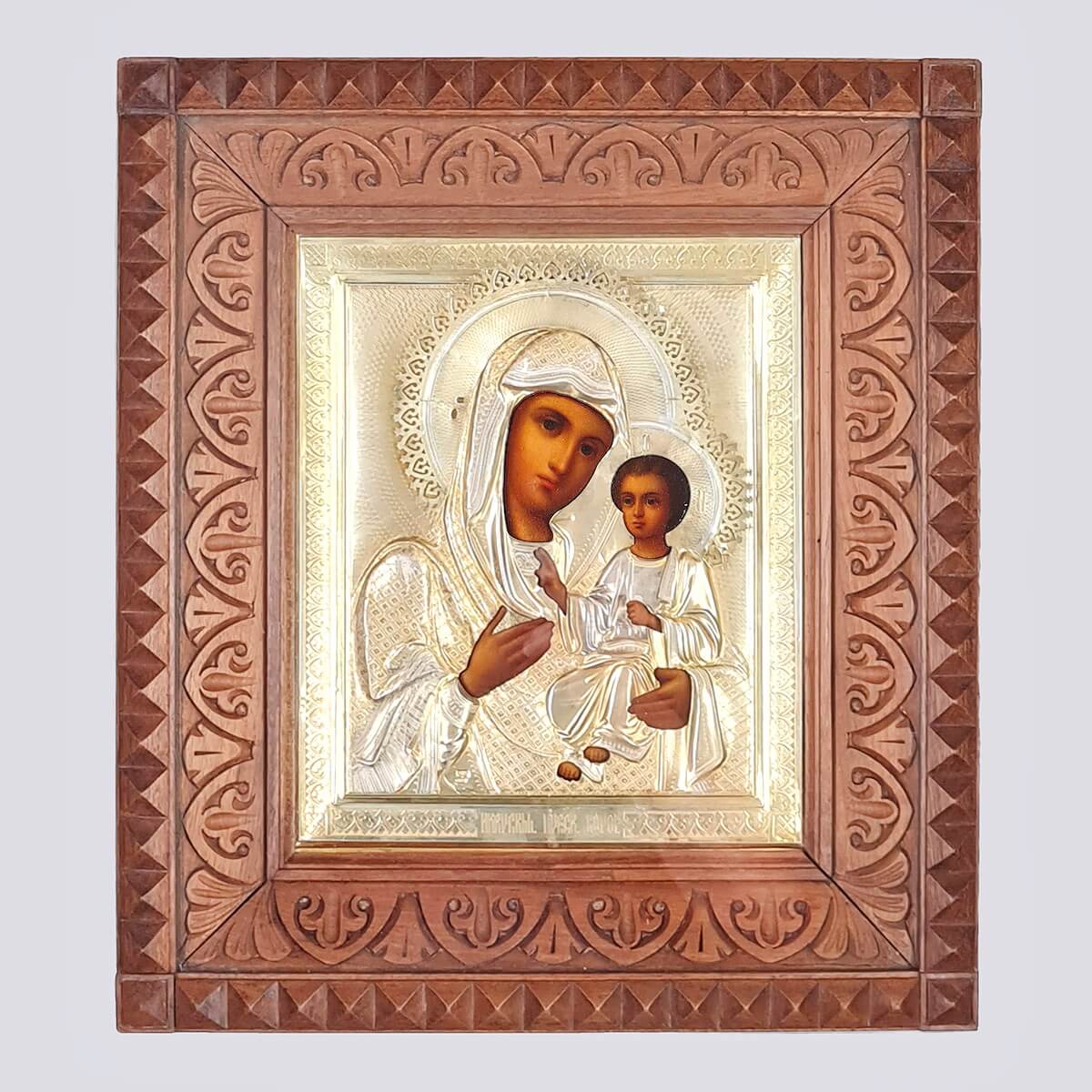 Икона «Иверская Пресвятая Богородица» в серебряном окладе 84 пробы и киоте из красного дерева