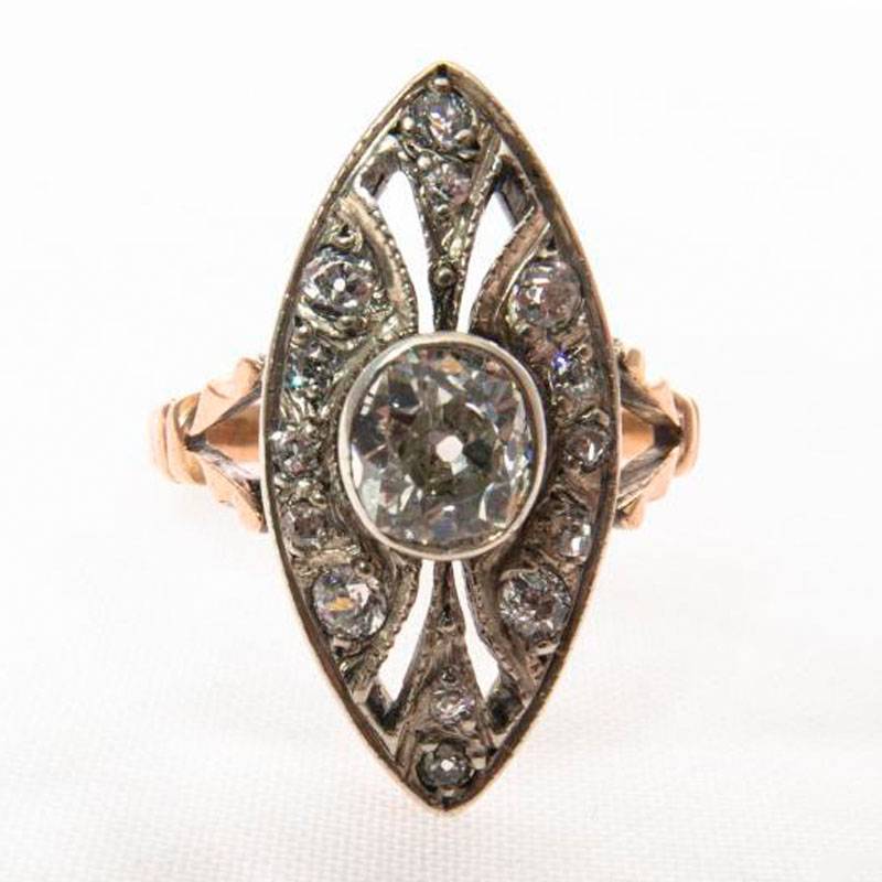 Кольцо Маркиз с бриллиантами и алмазами из золота 56 пробы 20 века