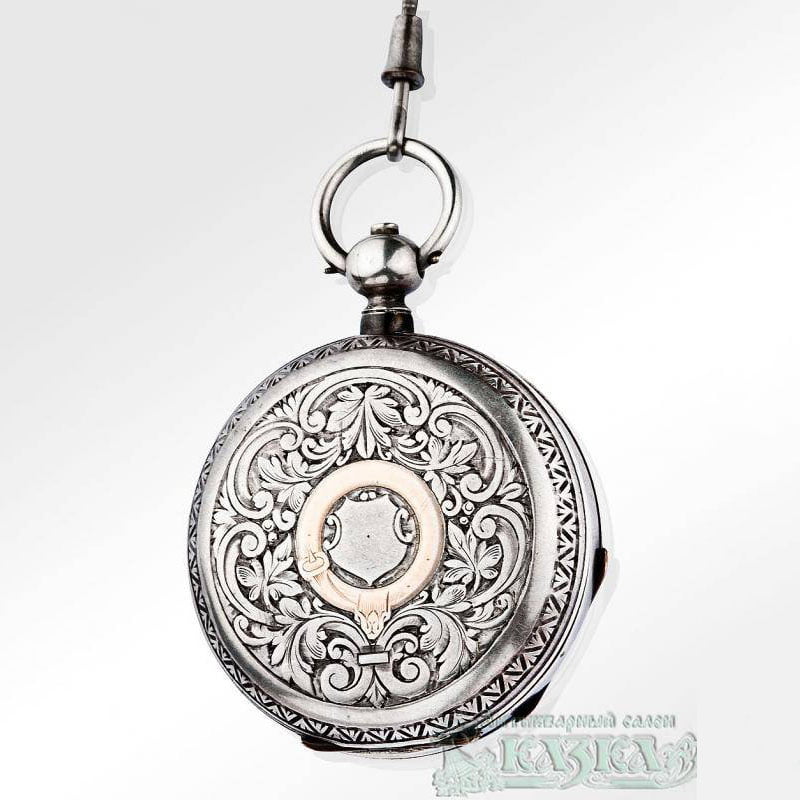 Трехкрышечные часы с цепочкой и ключом из серебра 84 пробы 19 века