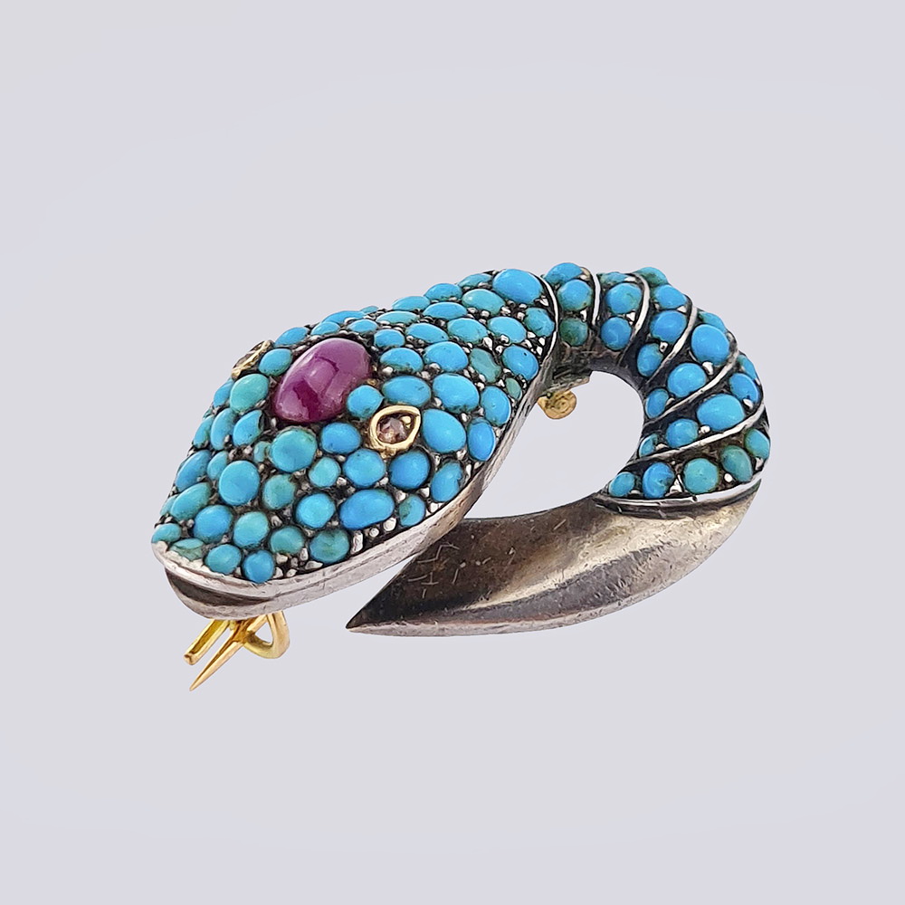 Брошь «Змея» с бирюзой, рубином и алмазами из золота 56 пробы 19 века