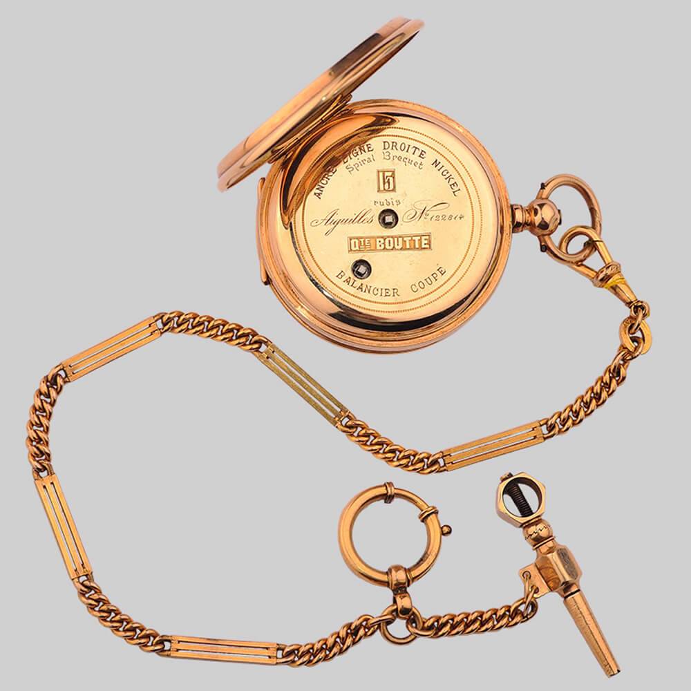 Золотые карманные часы с цепочкой и ключом Henri-Leuba, Швейцария 19 век