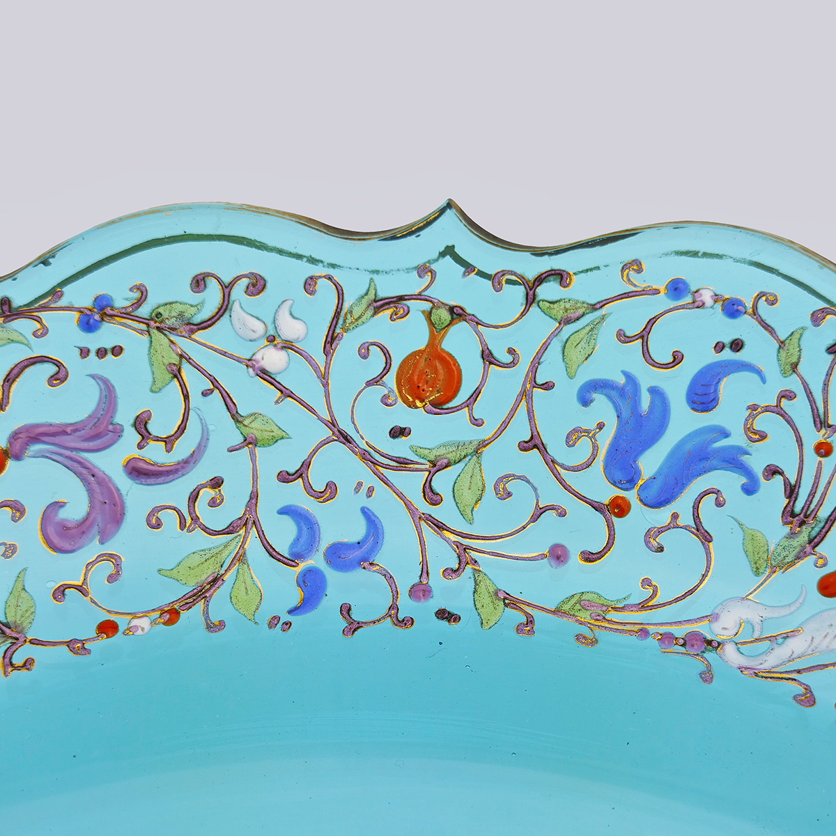 Ваза для фруктов и цветов (синее стекло, эмаль, основание из металла с серебрением)