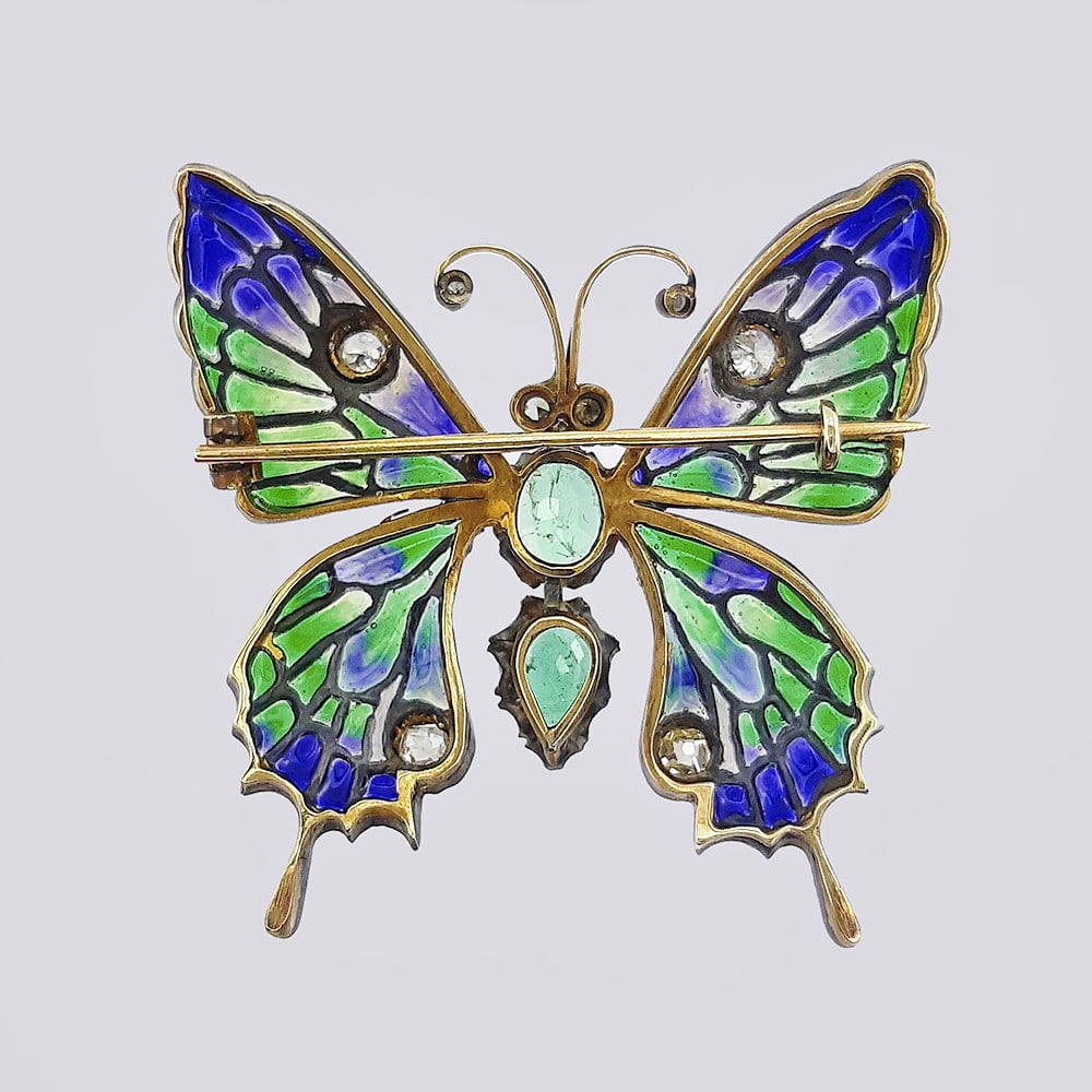 Авторская золотая брошь «Бабочка» с витражной эмалью и изумрудами