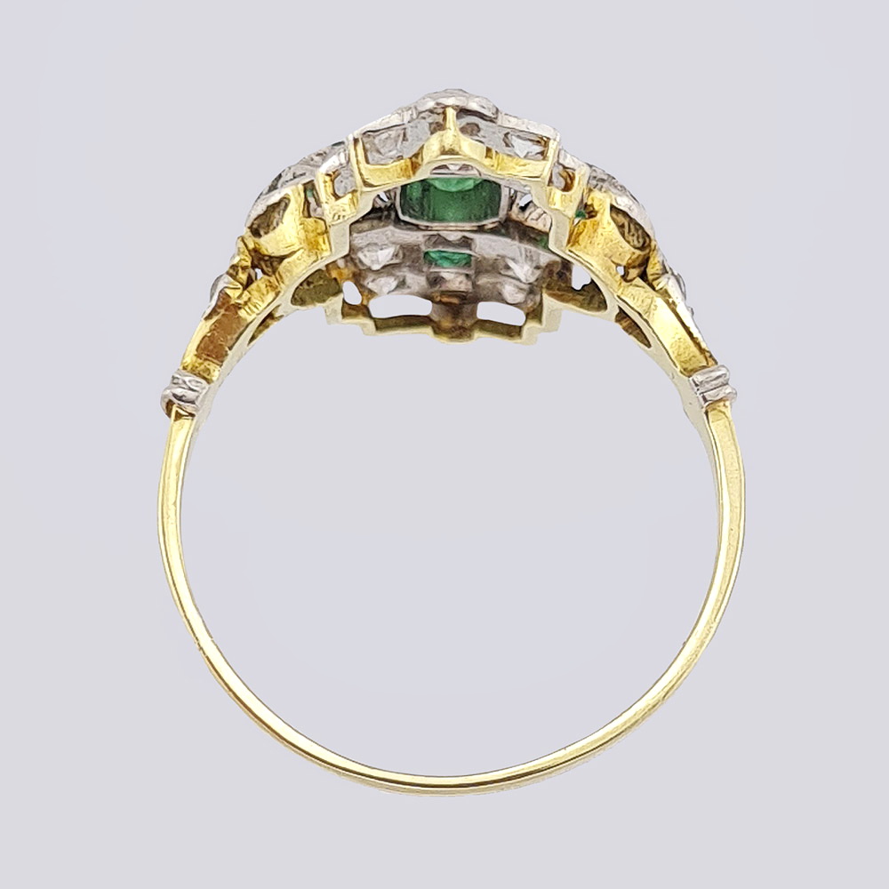 Кольцо из золота с природными изумрудами и бриллиантами в стиле Арт деко