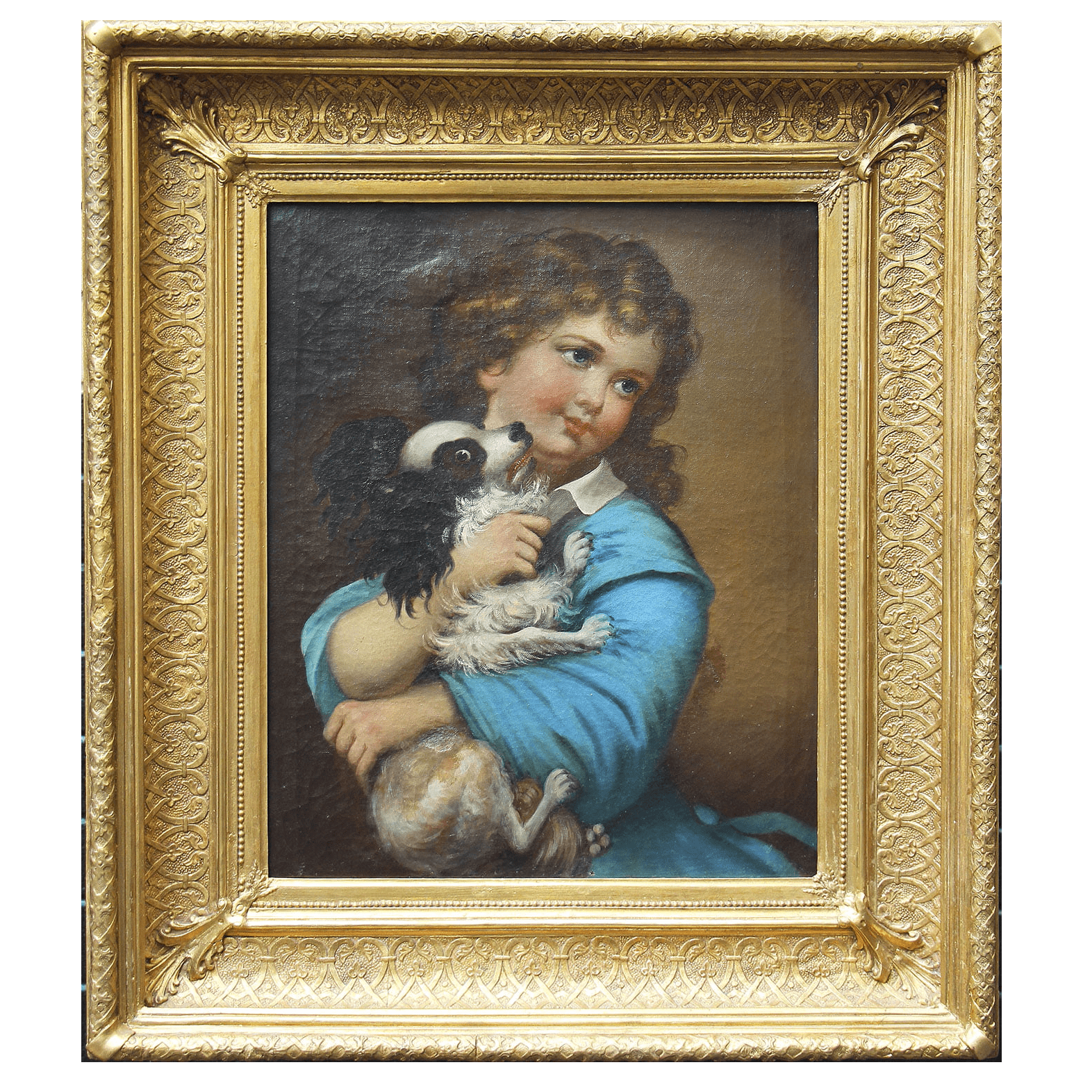Картина «Мальчик с собачкой» конца 19 века, Зап. Европа, холст, масло