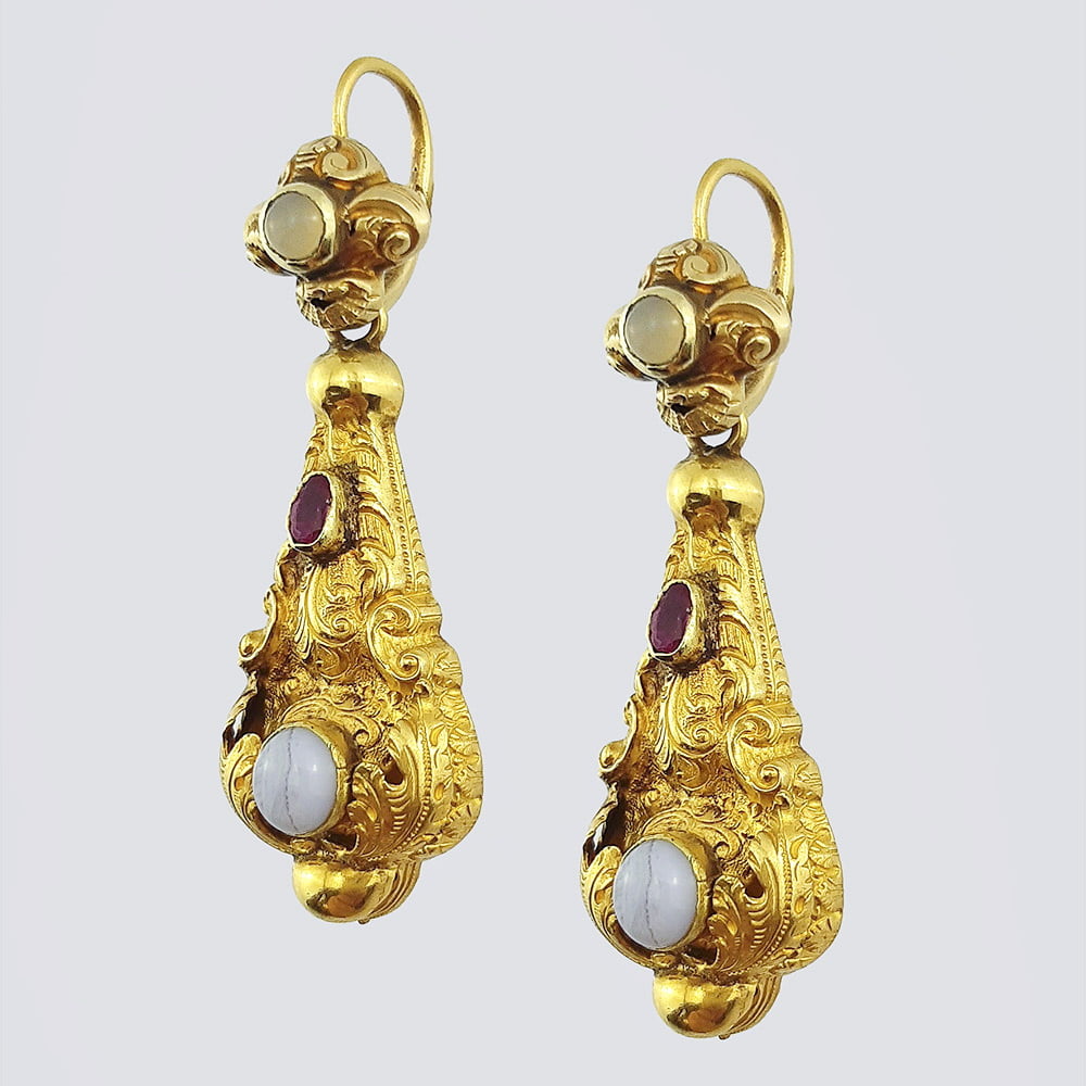 Серьги с опалами и рубинами из золота 585 пробы 19 века