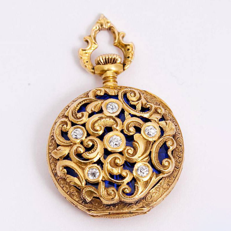 Карманные часы-кулон из золота 56 пробы с бриллиантами 19 века