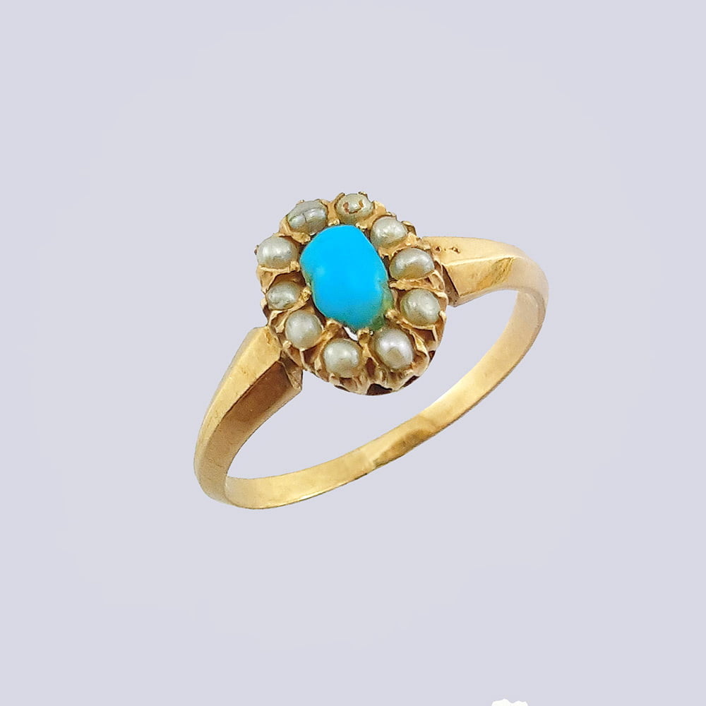 Золотое кольцо в форме «малина» 56 проба с бирюзой и жемчугом