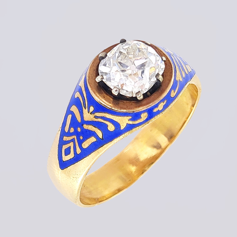 Кольцо мужское с голубой расписной эмалью и бриллиантом
