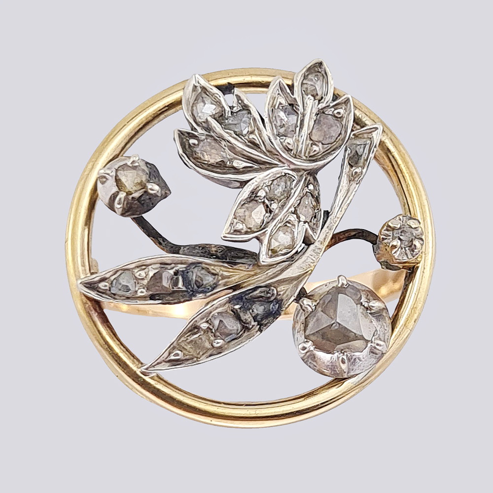 Золотое кольцо с веткой из 20 алмазов огранки «роза»