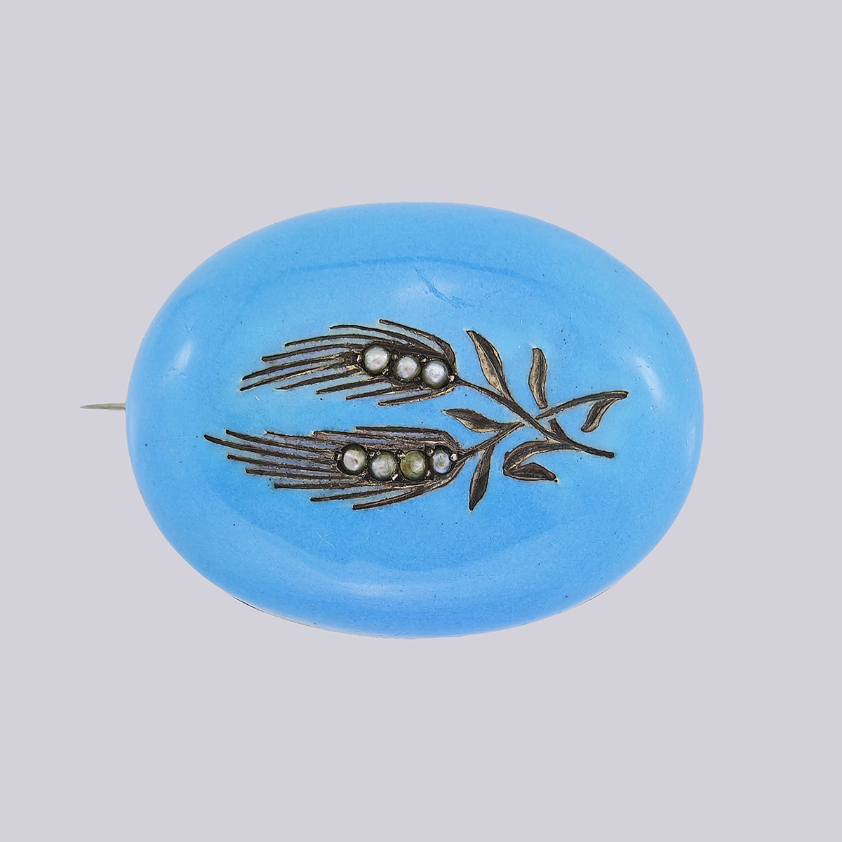 Комплект из броши, браслета и серёг в бирюзовой эмали «Колоски» с речным жемчугом