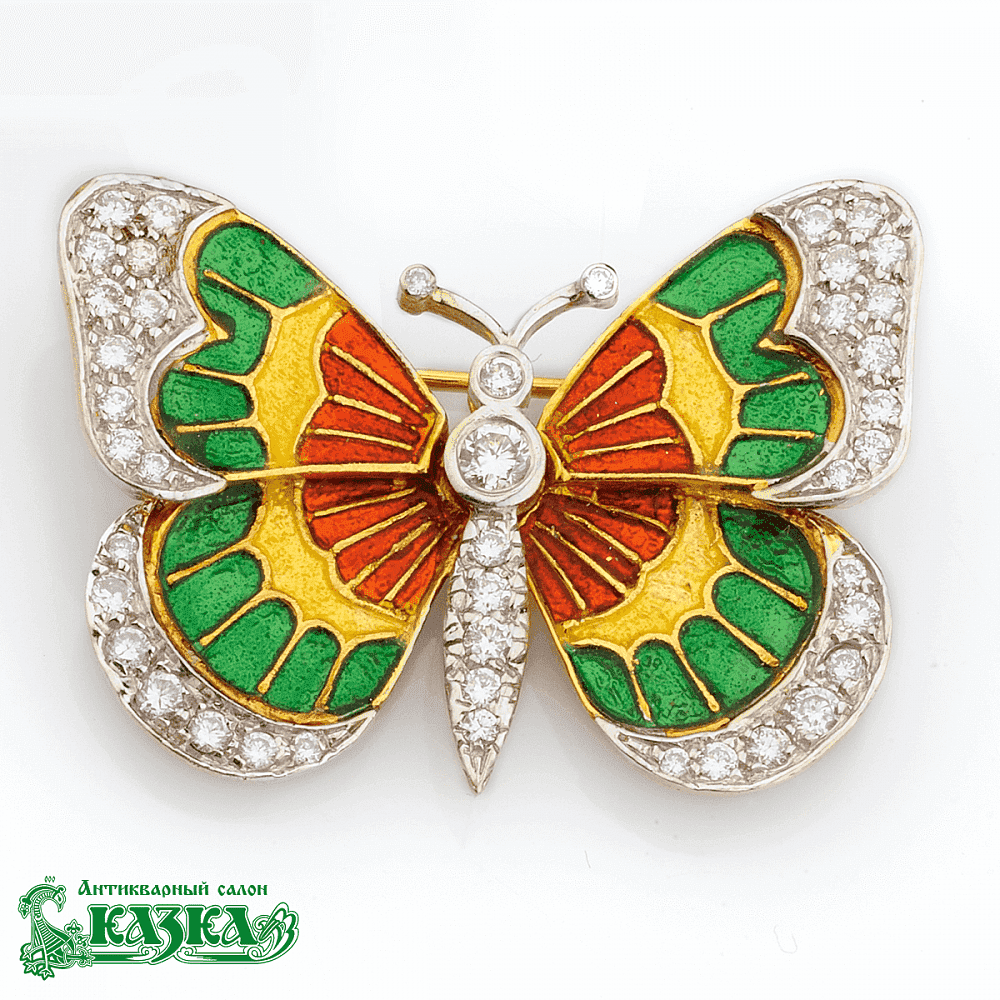 Авторская брошь «Бабочка» с эмалью и бриллиантами из золота 750 пробы