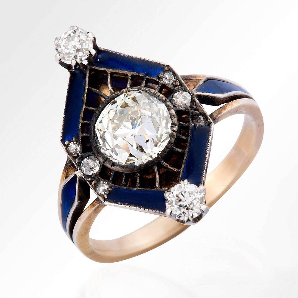Кольцо маркиз с синей эмалью и бриллиантом из золота 56 пробы 19 века
