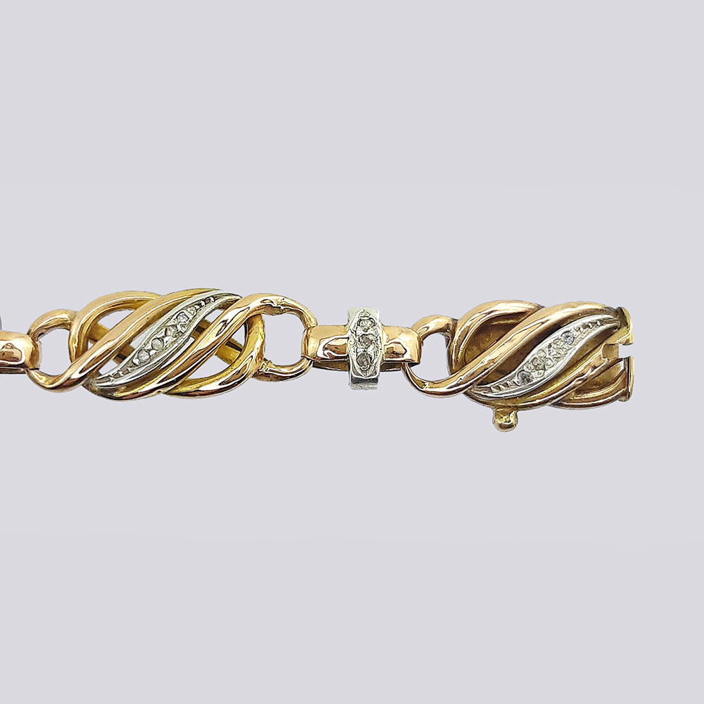 Дутый золотой браслет с алмазами (56 проба, 21 см)