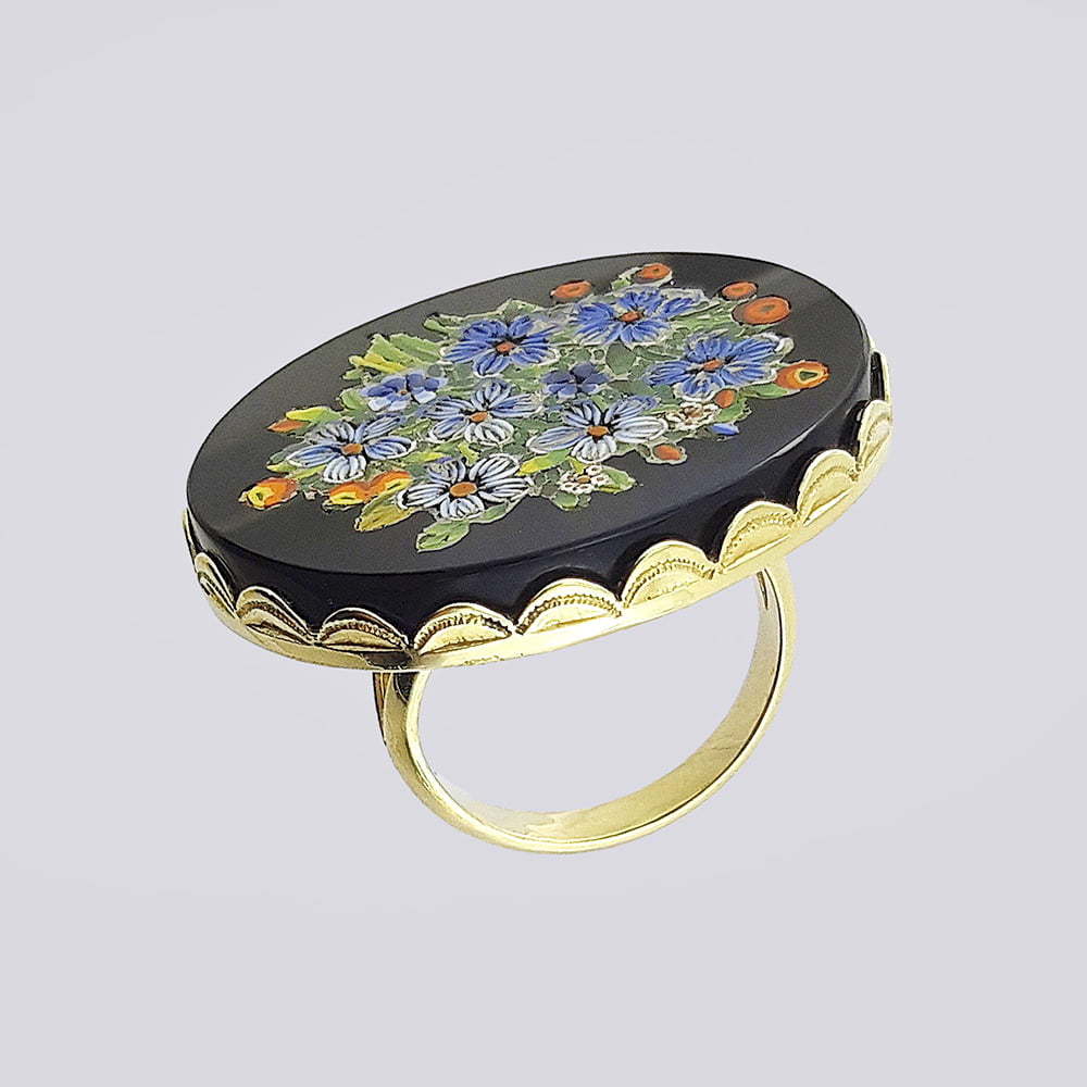 Авторское золотое кольцо с венецианской мозаикой на чёрном агате