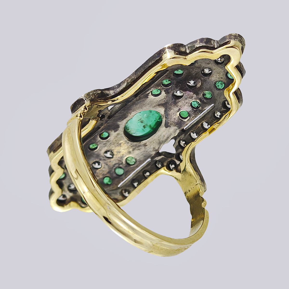 Кольцо золотое 56 пробы с природными изумрудами и бриллиантами старой огранки