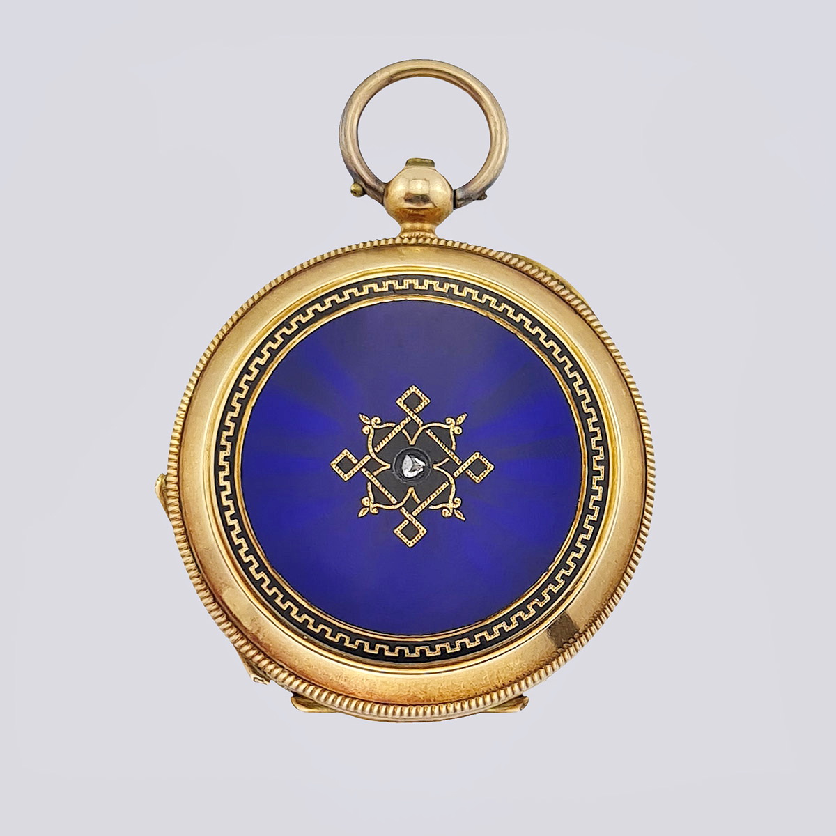 Карманные часы из золота 56 пробы с синей эмалью и алмазами