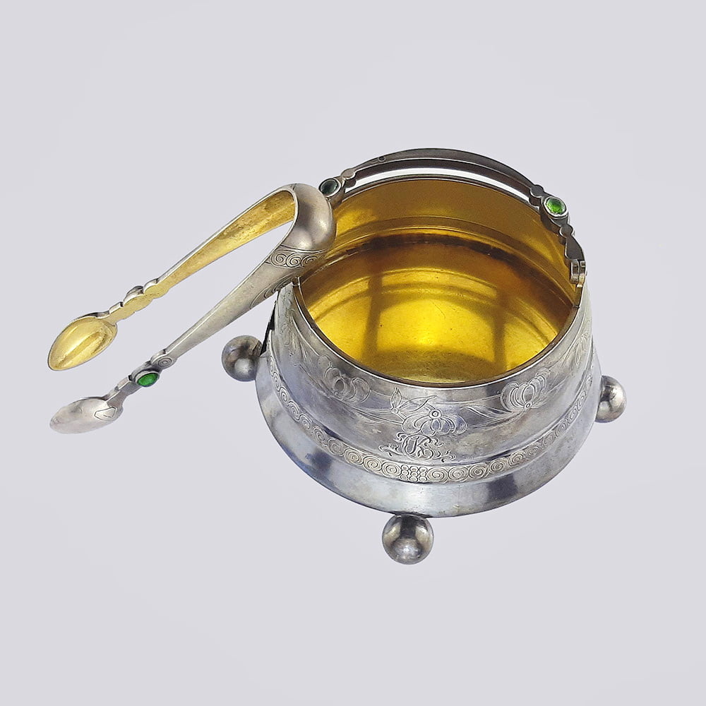 Серебряная сахарница с щипчиками в стиле модерн с кабошонами (авт. М. Семенова)