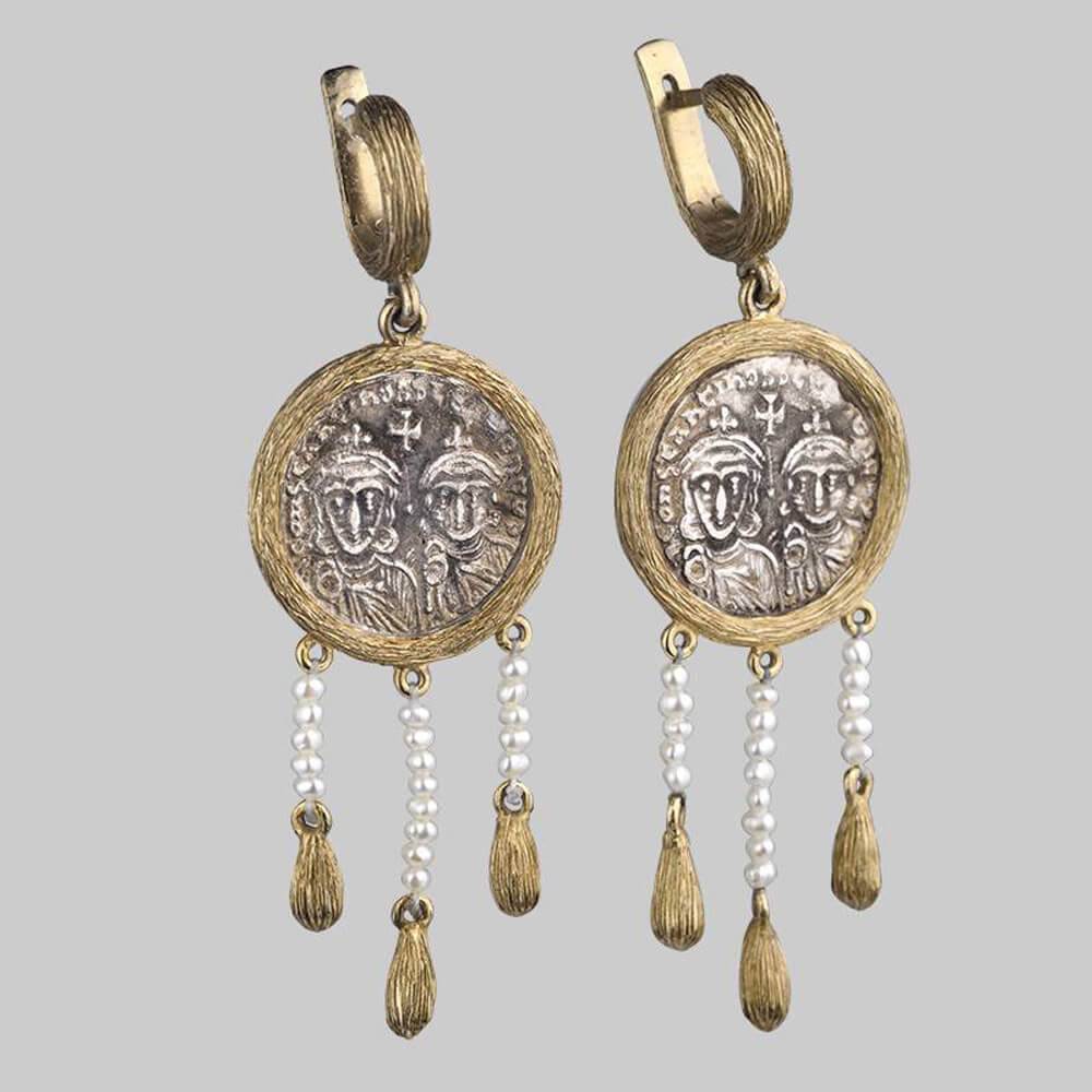 Авторские серьги подвески с византийскими монетами из серебра 925 пробы
