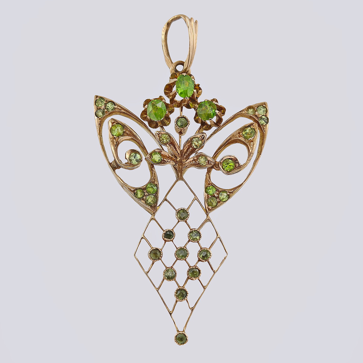 Подвеска золотая 56 пробы в стиле Модерн с хризолитами и демантойдами