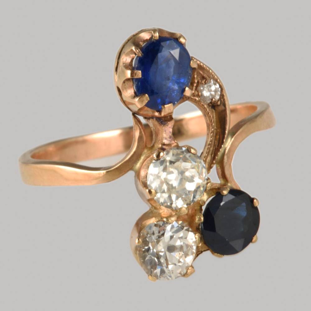 Кольцо «ветка» с сапфирами и бриллиантами из золота 56 пробы 19 века