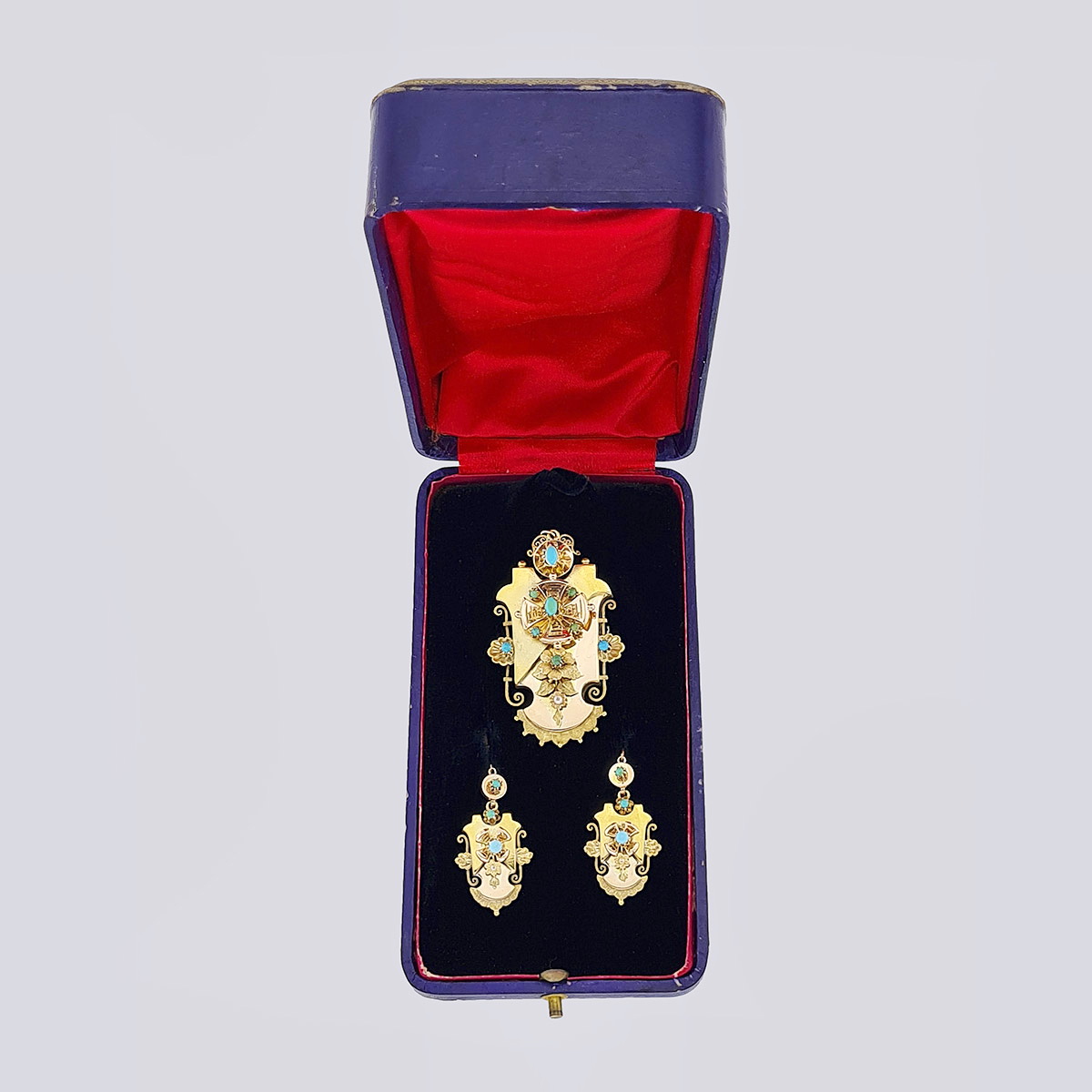 Золотой комплект брошь-подвеска с серьгами с натуральной бирюзой 