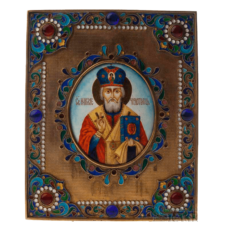 Икона «Святой Николай Чудотворец», дерево, серебро 875 пр., эмаль, 20 век
