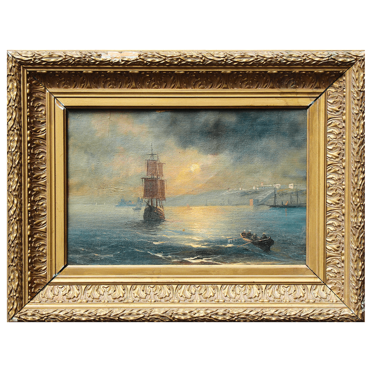 Картина «Морской пейзаж с кораблем» нач. 20 в., холст, масло