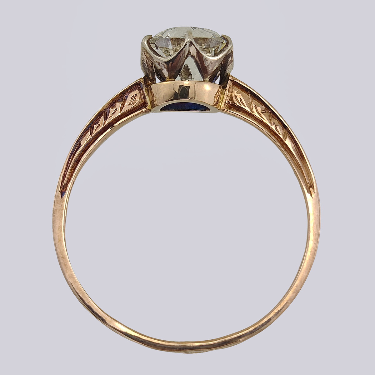 Кольцо золотое 56 пробы с бриллиантом старой огранки 1.36 карат