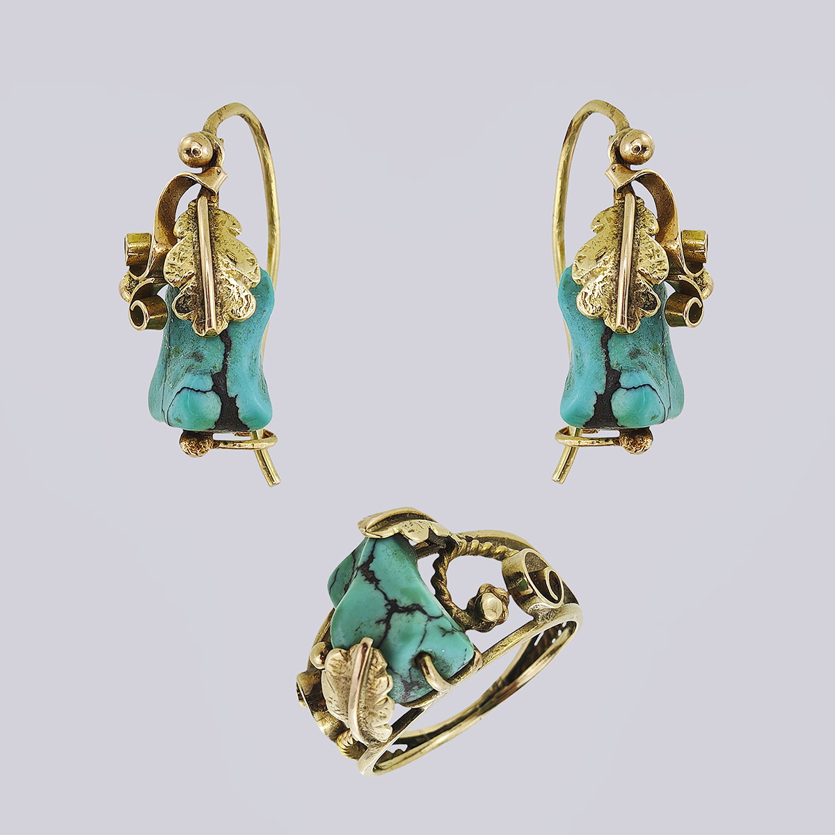 Комплект серьги и кольцо из золота 500-й пробы с бирюзой