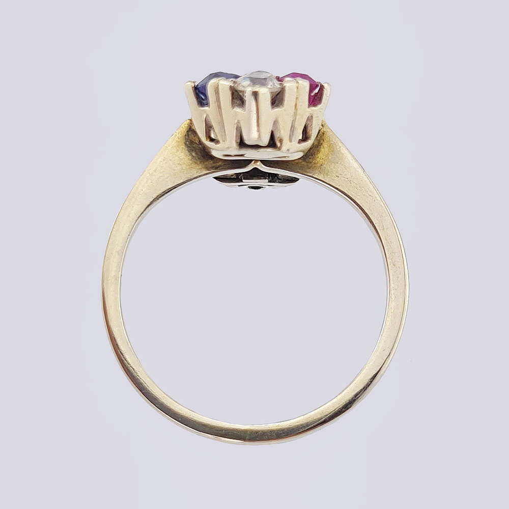 Золотое кольцо-дорожка с бриллиантами старой огранки, рубинами и сапфирами