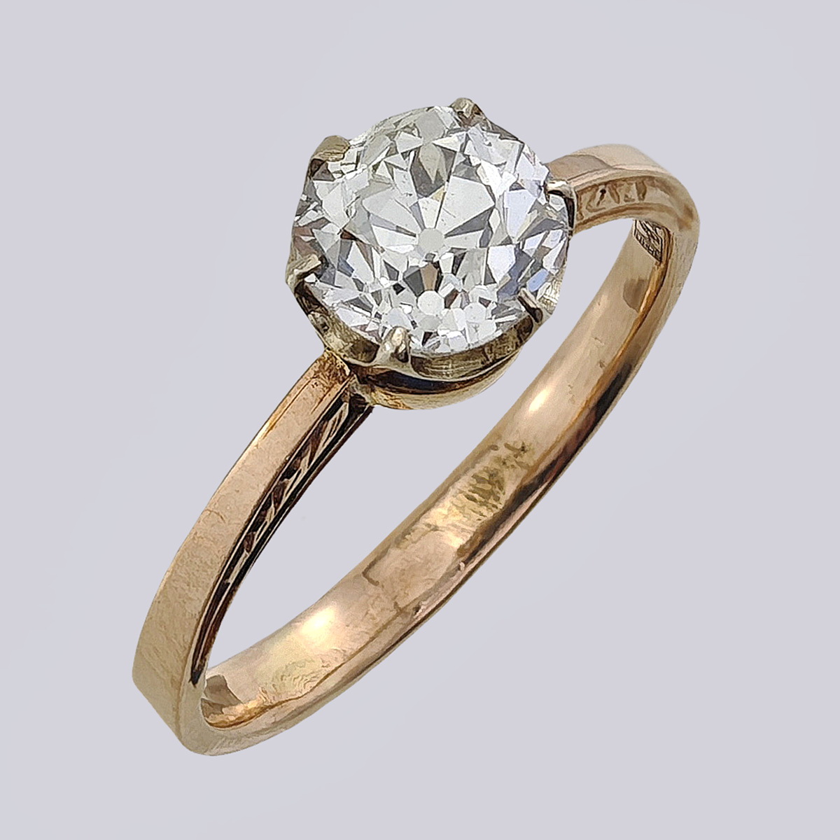 Кольцо золотое 56 пробы с бриллиантом старой огранки 1.36 карат 