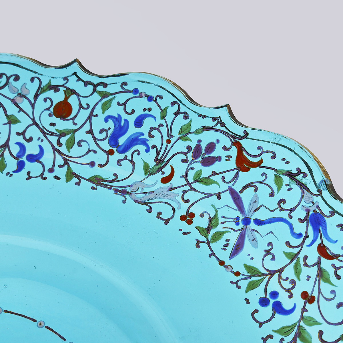 Ваза для фруктов и цветов (синее стекло, эмаль, основание из металла с серебрением)