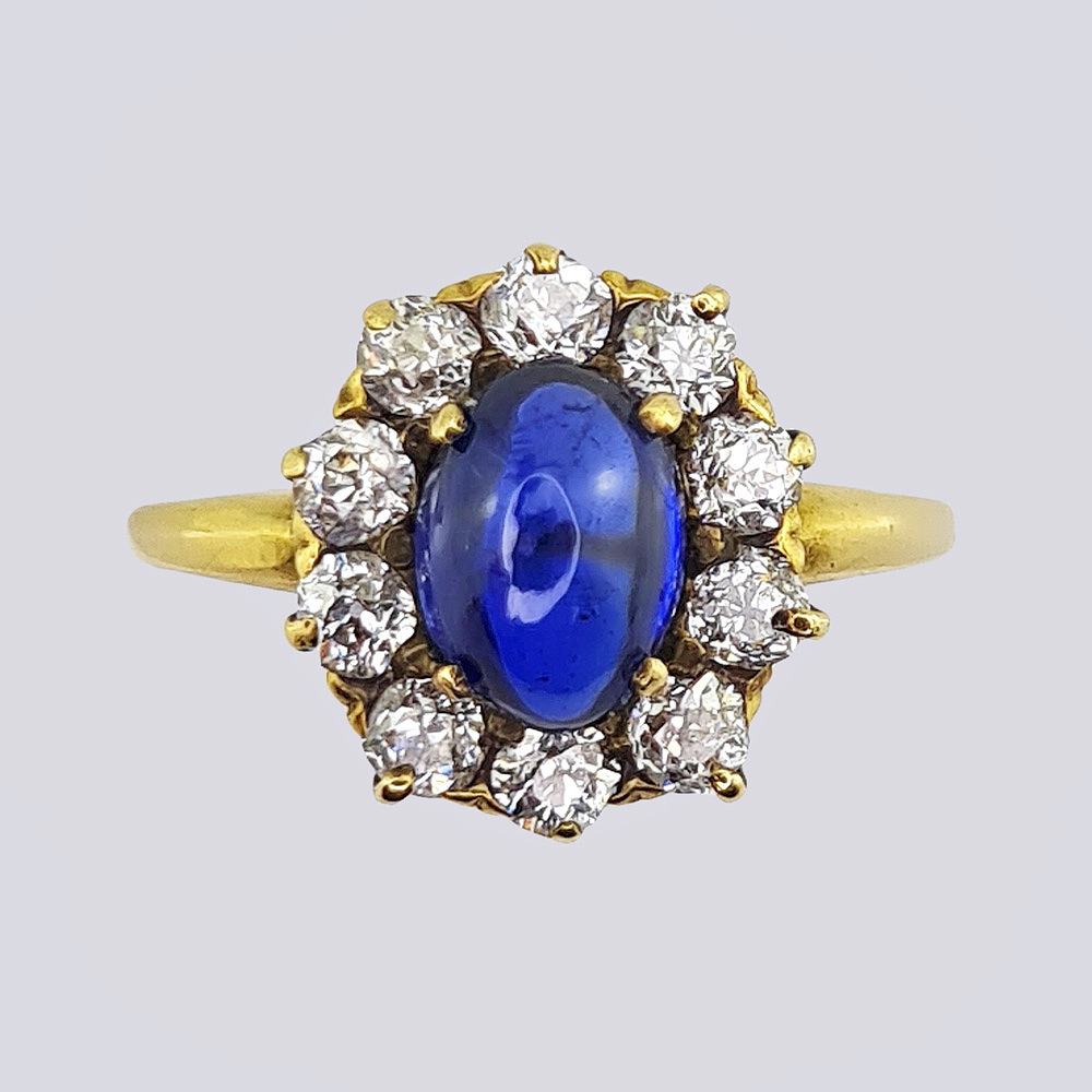 Кольцо «малина» с сапфиром и бриллиантами из золота 56 пробы 19 века