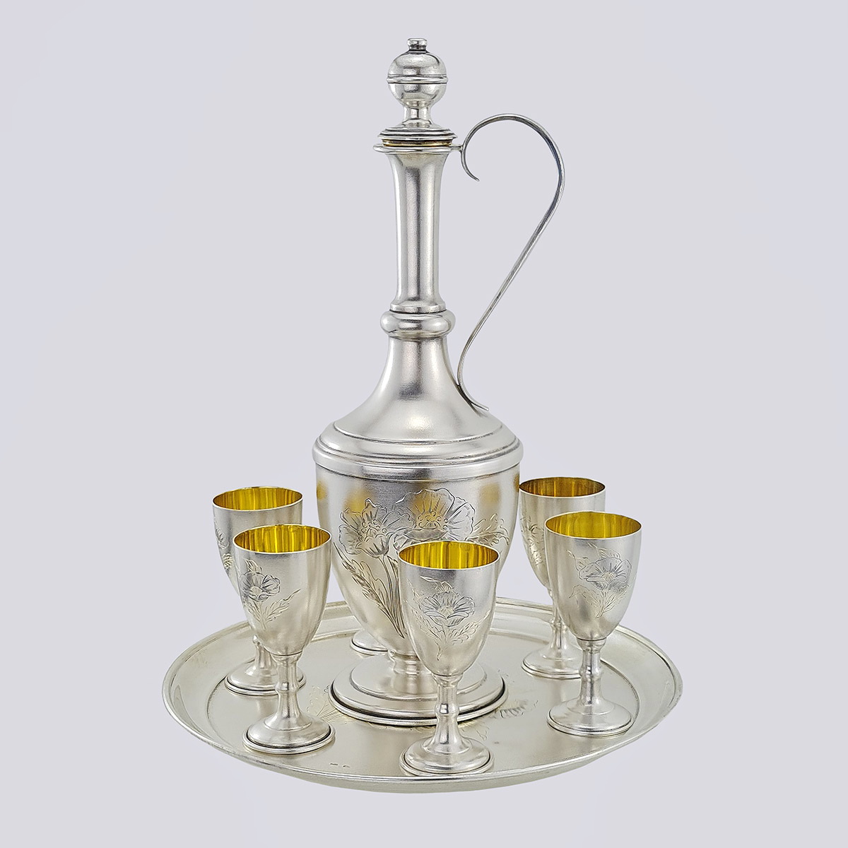 Набор для коньяка графин,поднос и 6 рюмок серебро 875 пробы 