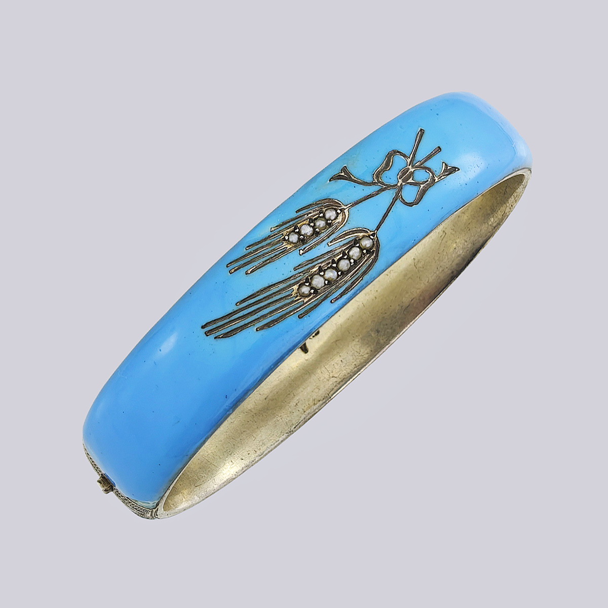 Комплект из броши, браслета и серёг в бирюзовой эмали «Колоски» с речным жемчугом